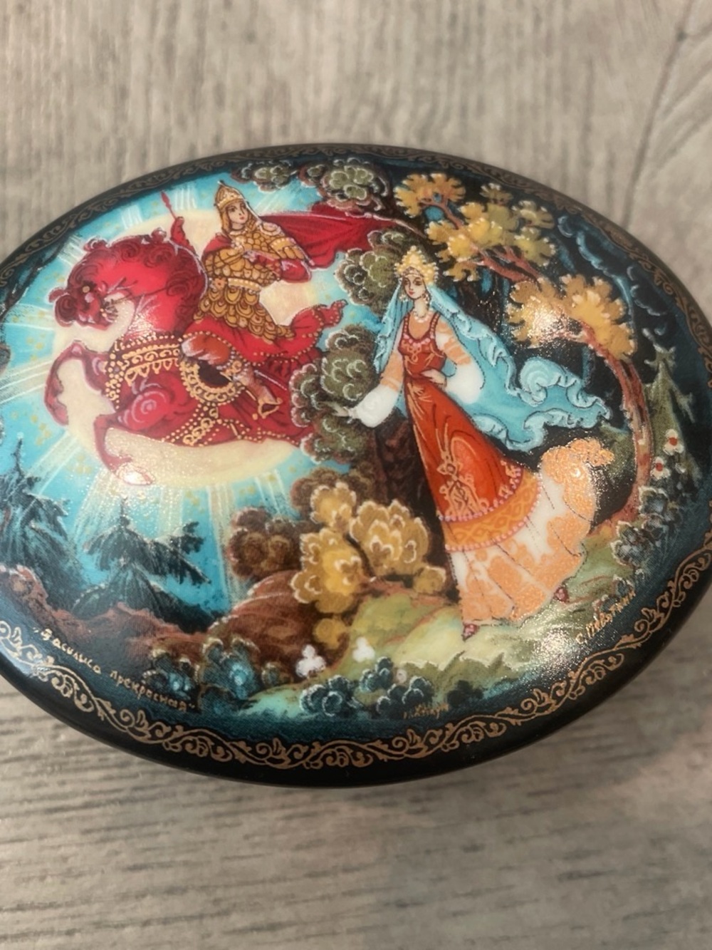 Hand-Painted Turquoise and Red Russian-Style Lacquer Box